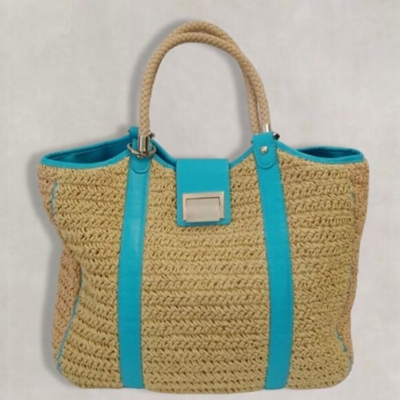 Talbots Woven Tote Bag 100% Paper Straw Leather Trim Gold Hardware Teal & Beige - Picture 1 of 11